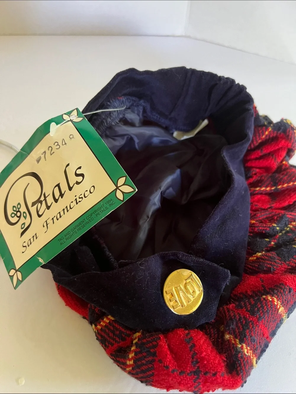 Vintage Kids Red Plaid Beret with Navy Band and Gold Button that says LOVE